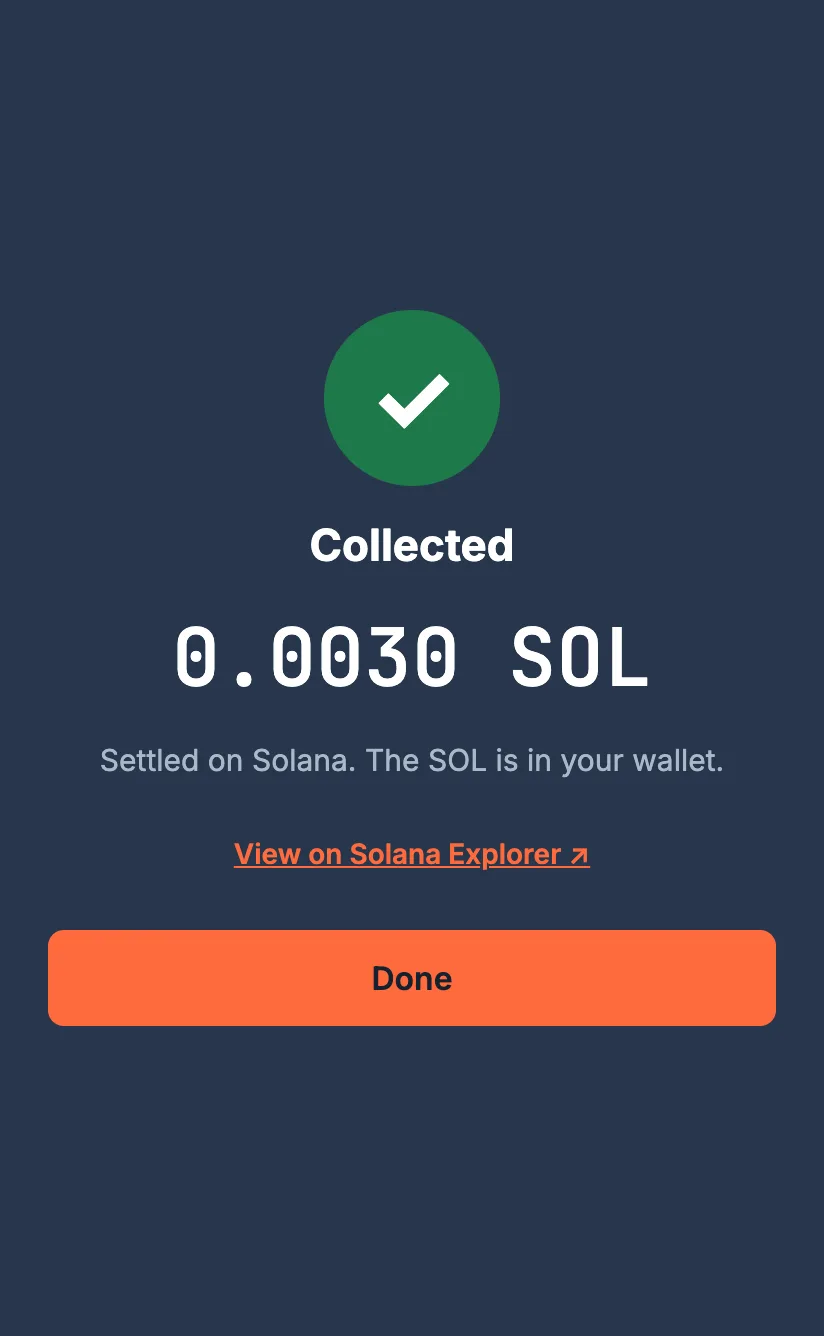 Mora app: Collected, 0.0030 SOL settled on Solana